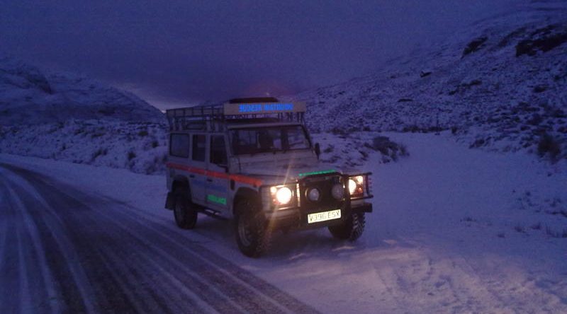 Landy on road in snow at night